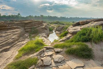 Thailand grand canyon (sam phan bok) at Ubon Ratchathani, Thailand. Beautiful landscape of holes and rock mountain with river.