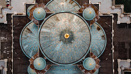 Aerial view on Muslim mosque architecture in Kuala Lumpur, Malaysia. Geometric patterns, ancient architecture, lines.