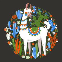 Illustration with llama and cactus plants. Vector seamless pattern on botanical background. Greeting card with Alpaca. Round composition on black.