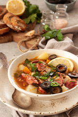 Traditional meat Russian soup solyanka