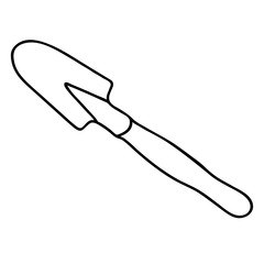Hand drawn outline black vector illustration of a beautiful metal scoop with a wooden handle for gardening isolated on a white background
