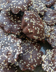 Sesame seed brownies on display

