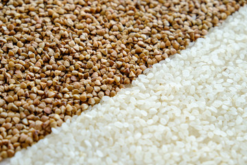 Buckwheat and rice on the table. Cook at home.