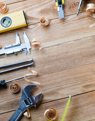 Work tools on a wooden floor. Construction concept.