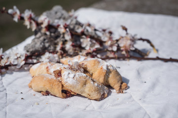 Beautiful home-made baking for Easter. Delicious sweets and cherry flowers. Croissants with cherry.