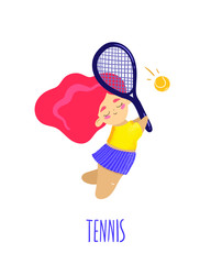 Isolated tennis girl.Cartoon tennis girl flat hand drawn vector illustration. Cartoon character girl with coral hair. Female athlete playing tennis. Sport concept. T shirt print desing