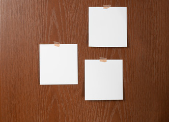 Blank polaroid photo frame with soft shadows and scotch tape wood background as template for graphic designers presentations, portfolios etc. white leaves on wooden background