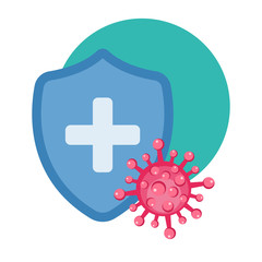 Medical shield surrounded by viruses and bacterium. Protect from virus.