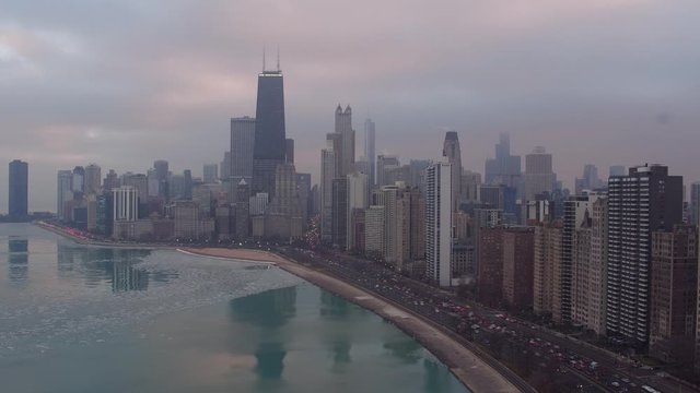 aerial drone skyline of chicago on a winter morning