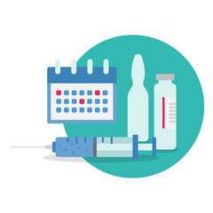 Obraz premium Time to vaccinate concept. Syringes, bottles of vaccine and a calendar