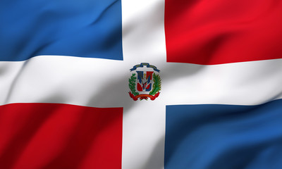 Flag of Dominican Republic blowing in the wind. Full page Dominican flying flag. 3D illustration.