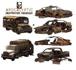  3D Apocalyptic Destroyed Vehicles - obrazy, fototapety, plakaty