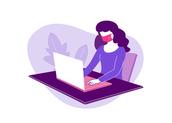 masked girl with laptop - color illustration in a flat style. concept - remote work, coronavirus