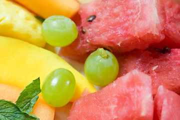 Close up of watermelon and other fruit on platter, South Africa
