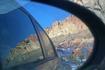 Capitol Reef National Park, Utah, in a car mirror