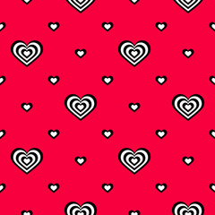 Seamless pattern. Striped black-white hearts on a bright red background. Vector illustration. Ideas for holiday designs, backgrounds, greeting cards, holiday prints, designer packaging, textile.