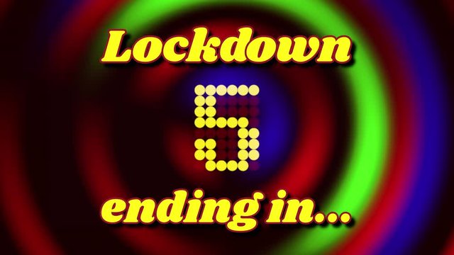 A countdown from ten to zero, with the text messages: lockdown ending in, ended. Colorful pop ripples as a background.
