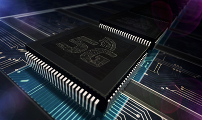 Processor factory with laser burning of 5G network symbols illustration