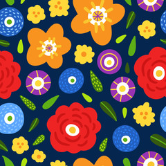 Seamless flower pattern. Vector floral background with bright colorful flowers and plants