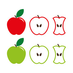 Green and red apple sign set, whole and cut fruit.
