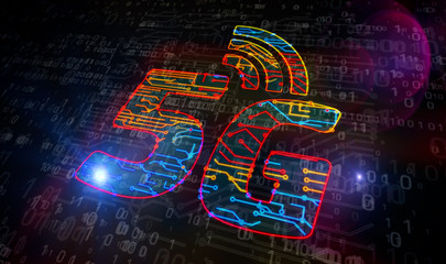 Processor factory with laser burning of 5G network symbols illustration