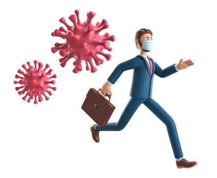 3D Illustration Of Businessman Running Away From The Huge Coronavirus. Cartoon Panic Man Wearing Medical Mask Isolated On White Background. Covid-19 Pandemic Concept.