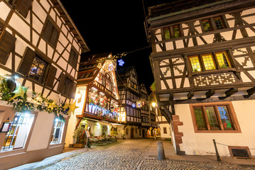 Traditional half-timbered houses in La Petite France at night, Strasbourg, Alsace, France
