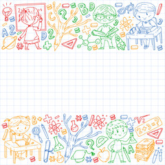 Online learning, education. Back to school. Vector icons and elements for little children, college. Doodle style, kids drawing