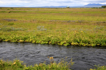 Seljalandsfoss / Iceland - August 15, 2017: The river near Seljalandsfoss waterfall, Iceland, Europe