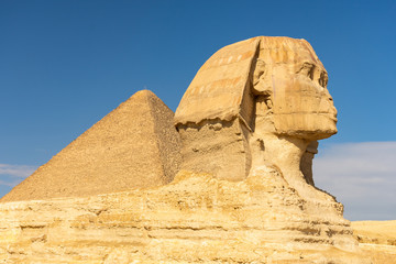 The Great Sphinx of Giza with the pyramids on background