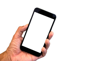 Studio shot of Hand holding Smartphone with blank screen for Infographic Global Business web site design app, - Clipping Path