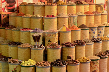 Rows & heaps of aromatic spices & herbs on display at the famous Spice Souk market in Baniyas Street, in locality of Al Ras, Deira, Dubai adjacent to the Gold Souk. It's a famous tourist destination