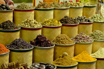 Rows & heaps of aromatic spices & herbs on display at the famous Spice Souk market in Baniyas Street, in locality of Al Ras, Deira, Dubai adjacent to the Gold Souk. It's a famous tourist destination