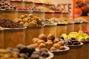 Rows & heaps of aromatic spices & herbs on display at the famous Spice Souk market in Baniyas Street, in locality of Al Ras, Deira, Dubai adjacent to the Gold Souk. It's a famous tourist destination