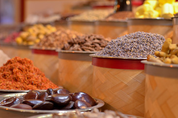 Rows & heaps of aromatic spices & herbs on display at the famous Spice Souk market in Baniyas Street, in locality of Al Ras, Deira, Dubai adjacent to the Gold Souk. It's a famous tourist destination