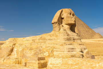 The Great Sphinx of Giza full body portrait with the pyramids on background