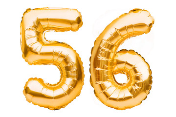 Number 56 fifty six made of golden inflatable balloons isolated on white. Helium balloons, gold foil numbers. Party decoration, anniversary sign for holidays, celebration, birthday, carnival