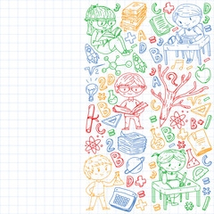 Online learning, education. Back to school. Vector icons and elements for little children, college. Doodle style, kids drawing