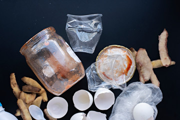 Recycling garbage and waste. Sorting garbage and waste. Stop plastic. Household green waste. Eggshells, empty bottles, food leftovers