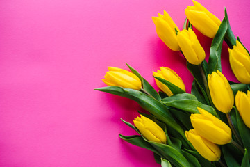 Naklejka premium Yellow tulips on pink pastel background. Space for message. Flowers spring concept. Holiday greeting card for Valentine's, Women's, Mother's Day, Easter. Birthday. Place for text. Top view, flat lay.