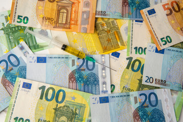 covid19 vaccine on euro banknotes.
