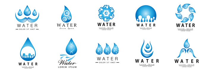 Water Splash Vector And Drop Set - Isolated On White. Abstract Vector Collection Of Flat Water Splash and Drop Logo. Icons For Droplet, Water Wave, Rain, Raindrop, Company Logo And Bubble Design