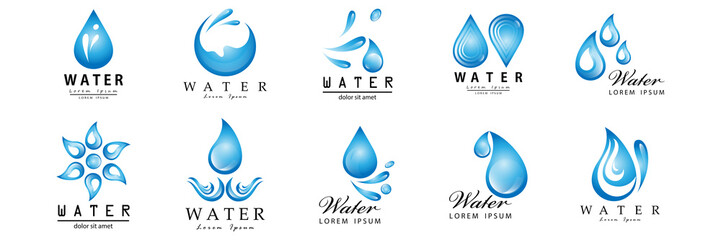 Water Splash Vector And Drop Set - Isolated On White. Abstract Vector Collection Of Flat Water Splash and Drop Logo. Icons For Droplet, Water Wave, Rain, Raindrop, Company Logo And Bubble Design