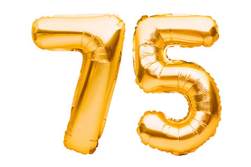 Number 75 seventy five made of golden inflatable balloons isolated on white. Helium balloons, gold foil numbers. Party decoration, anniversary sign for holidays, celebration, birthday, carnival - obrazy, fototapety, plakaty