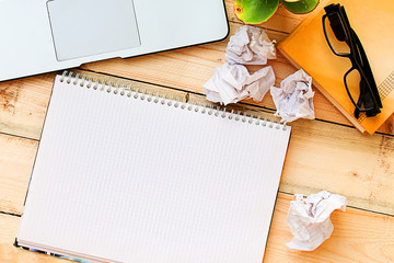 notepad, laptop, pen, glasses, paper and plant on wooden table 