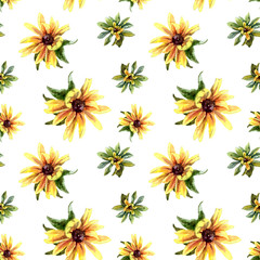 Watercolor seamless pattern of rudbeckia flowers.