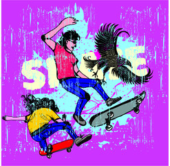 eagle and skateboarders graphic design vector art