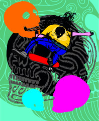 skull and skateboarder print embroidery graphic design vector art