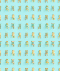Pattern of small golden souvenir retro armchairs standing in rows on blue background.Royal chairs,throne.Spring,summer concept for love,romance notes.Creative design for letter,greeting birthday card