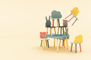 kids animal form chair in colorful pastel concept on yellow background 3d rendering